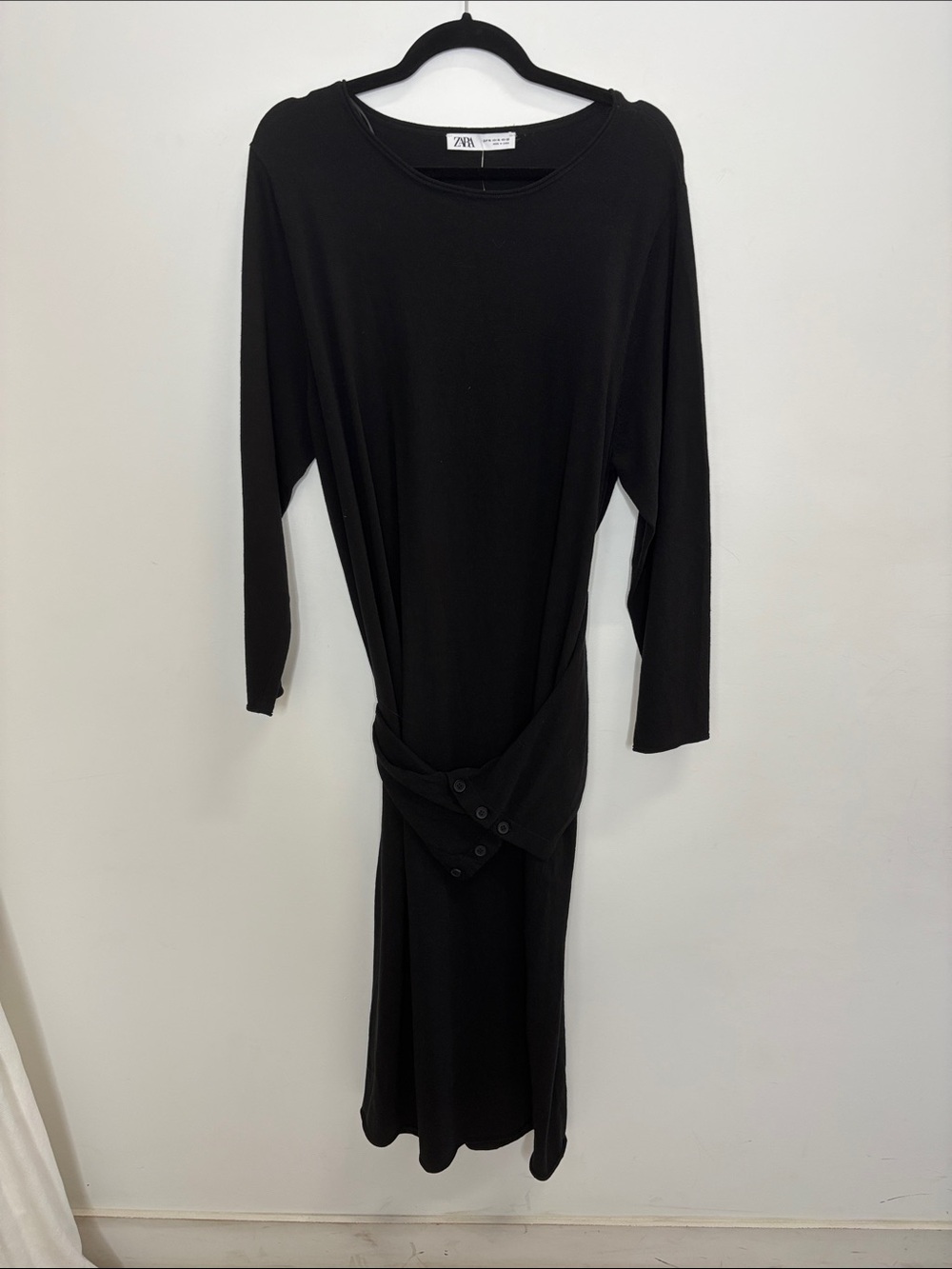 Zara Black Long Sleeve Knot-Button Midi Dress